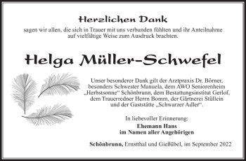 Traueranzeige von Helga Müller-Schwefel von Südthüringer Presse