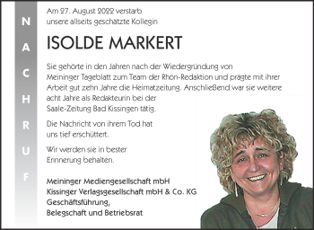 Traueranzeige von Isolde Markert von Südthüringer Presse