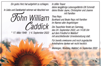 Traueranzeige von John William Caddick von Südthüringer Presse