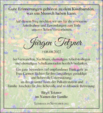 Traueranzeige von Jürgen Tetzner von Südthüringer Presse