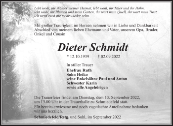 Traueranzeige von Dieter Schmidt von Südthüringer Presse