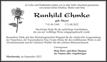 Traueranzeige von Runhild Ehmke von Südthüringer Presse
