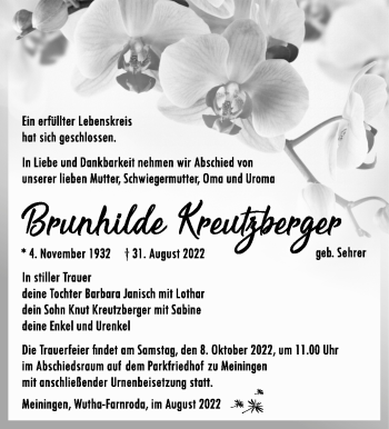 Traueranzeige von Brunhilde Kreutzberger von Südthüringer Presse