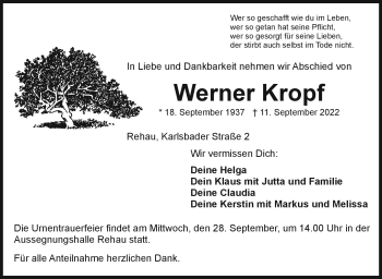 Traueranzeige von Werner Kropf von Frankenpost