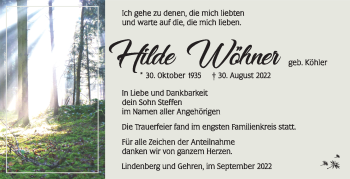 Traueranzeige von Hilde Wöhner von Südthüringer Presse