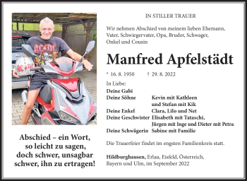 Traueranzeige von Manfred Apfelstädt von Südthüringer Presse