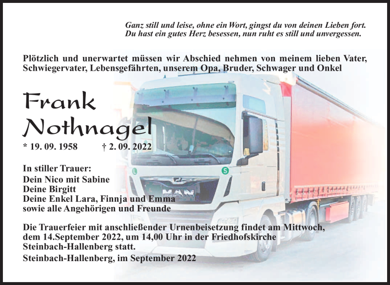  Traueranzeige für Frank Nothnagel vom 10.09.2022 aus Südthüringer Presse