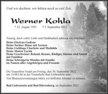Traueranzeige von Werner Kohla von Südthüringer Presse
