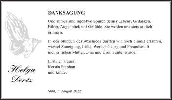 Traueranzeige von Helga Dertz von Südthüringer Presse