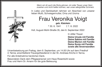 Traueranzeige von Veronika Voigt von Frankenpost