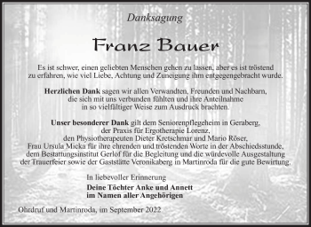 Traueranzeige von Franz Bauer von Südthüringer Presse