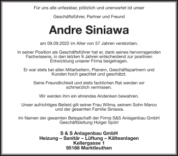 Traueranzeige von Andre Siniawa von Frankenpost