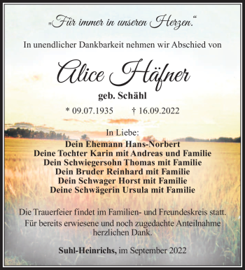 Traueranzeige von Alice Häfner von Südthüringer Presse