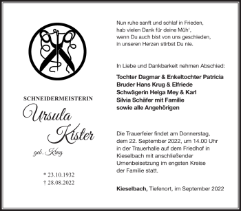 Traueranzeige von Ursula Kister von Südthüringer Presse