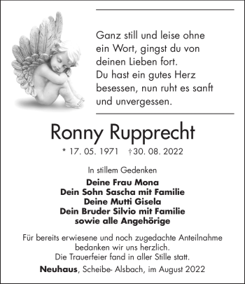 Traueranzeige von Ronny Rupprecht von Südthüringer Presse
