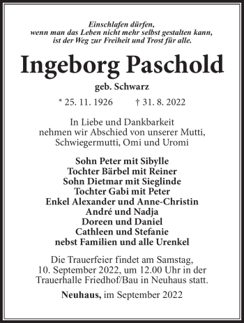 Traueranzeige von Ingeborg Paschold von Südthüringer Presse