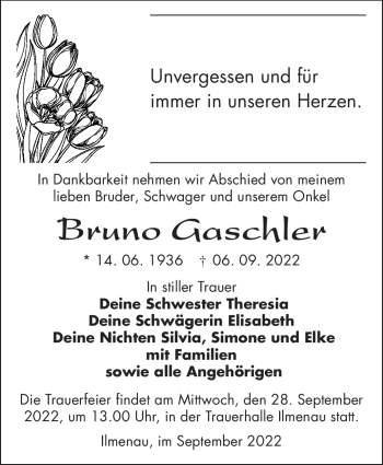 Traueranzeige von Bruno Gaschler von Südthüringer Presse