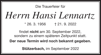 Traueranzeige von Hansi Lennartz von Südthüringer Presse