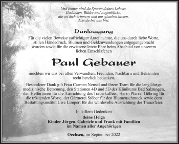 Traueranzeige von Paul Gebauer von Südthüringer Presse