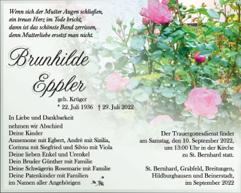Traueranzeige von Brunhilde Eppler von Südthüringer Presse