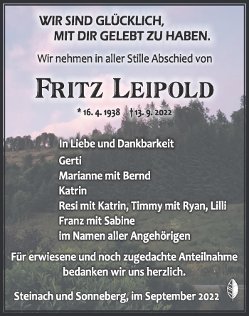 Traueranzeige von Fritz Leipold von Südthüringer Presse