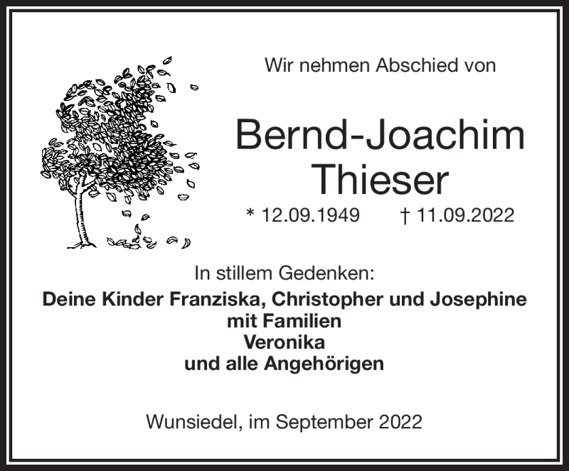  Traueranzeige für Bernd-Joachim Thieser vom 19.09.2022 aus Frankenpost