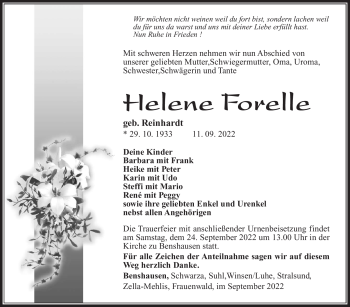 Traueranzeige von Helene Forelle von Südthüringer Presse