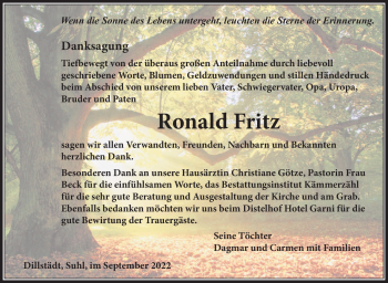 Traueranzeige von Ronald Fritz von Südthüringer Presse