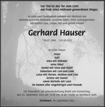 Traueranzeige von Gerhard Hauser von Südthüringer Presse