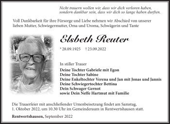 Traueranzeige von Elsbeth Reuter von Südthüringer Presse
