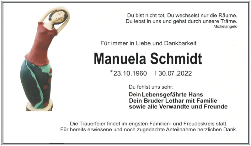  Traueranzeige für Manuela Schmidt vom 23.09.2022 aus Frankenpost