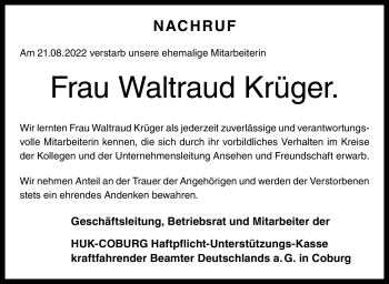 Traueranzeige von Waltraud Krüger von Neue Presse Coburg