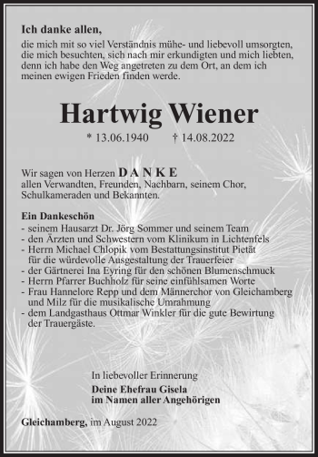 Traueranzeige von Hartwig Wiener von Südthüringer Presse