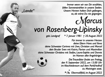 Traueranzeige von Marcus von Rosenberg-Lipinsky von Südthüringer Presse