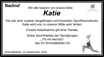 Traueranzeige von Katie Hoßner von Südthüringer Presse