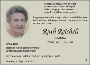 Traueranzeige von Ruth Reichelt von Südthüringer Presse
