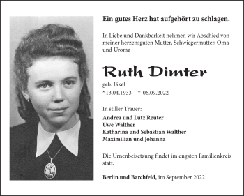 Traueranzeige von Ruth Dimter von Südthüringer Presse