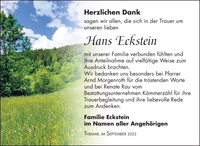 Traueranzeige für Hans Eckstein vom 23.09.2022 aus Südthüringer Presse