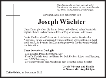 Traueranzeige von Joseph Wächter von Südthüringer Presse