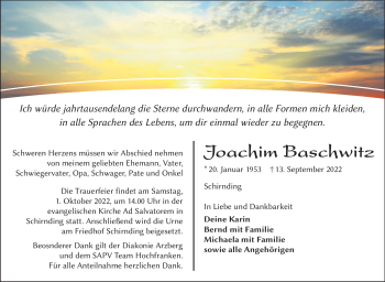 Traueranzeige von Joachim Baschwitz von Frankenpost