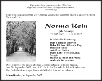 Traueranzeige von Norma Rein von Südthüringer Presse