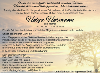 Traueranzeige von Helga Hermann von Südthüringer Presse