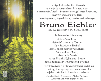 Traueranzeige von Bruno Eichler von Südthüringer Presse