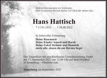 Traueranzeige von Hans Hattisch von Südthüringer Presse