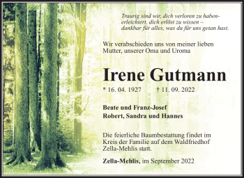 Traueranzeige von Irene Gutmann von Südthüringer Presse