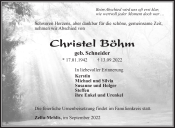 Traueranzeige von Christel Böhm von Südthüringer Presse