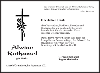 Traueranzeige von Alwine Rothamel von Südthüringer Presse