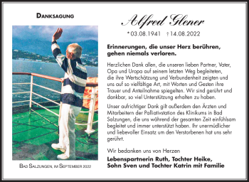 Traueranzeige von Alfred Glener von Südthüringer Presse
