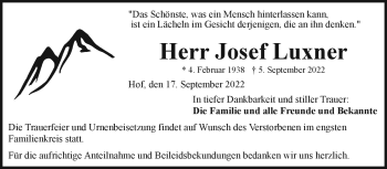 Traueranzeige von Josef Luxner von Frankenpost