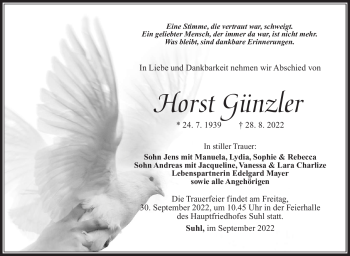 Traueranzeige von Horst Günzler von Südthüringer Presse